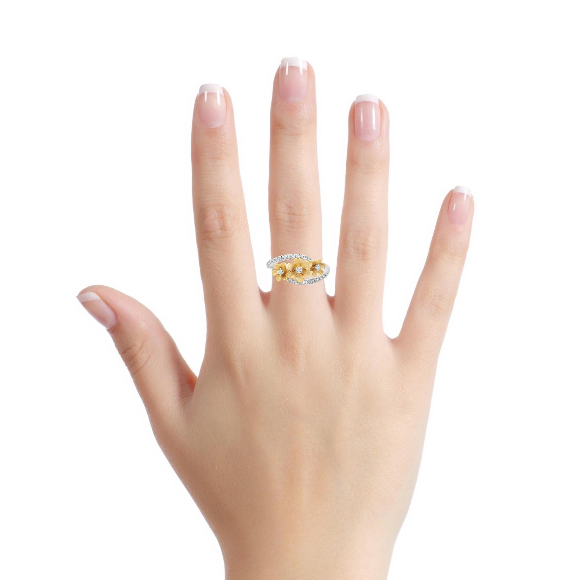 Diamant-Blumenring aus 14K zweifarbigem Gold mit 0,23 Karat runden Diamanten Größe 7 im Angebot 3