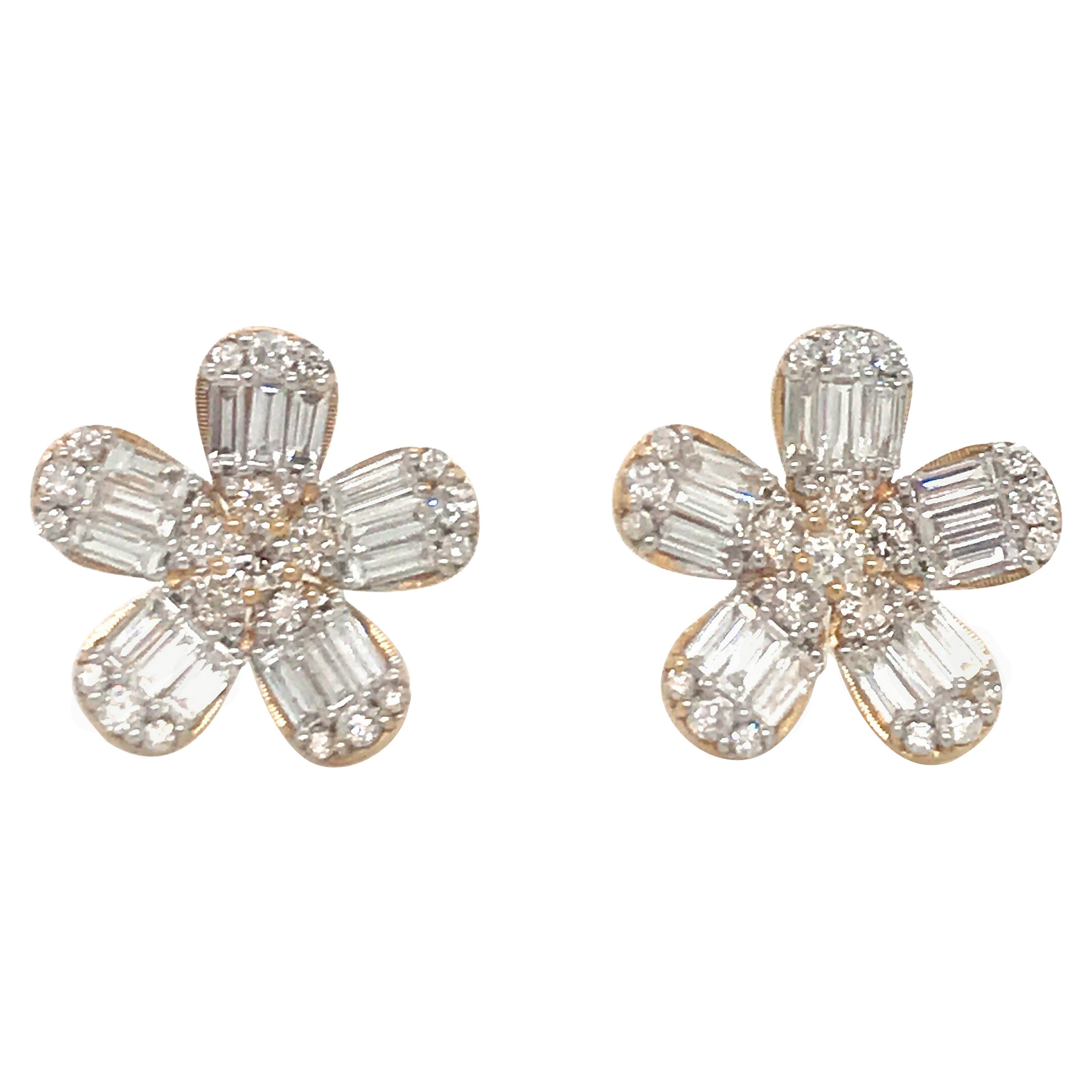 Diamond Flower Stud Earrings 1.67 Carat 14 Karat Rose Gold