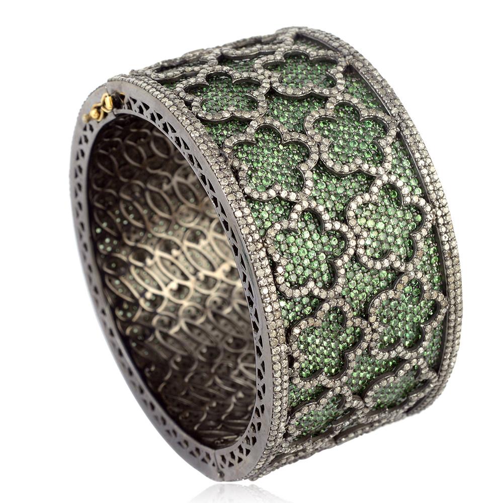Art Deco Diamond Flower Tiles On Tsavorite Pave Cuff Made In 18k Yellow Gold For Sale