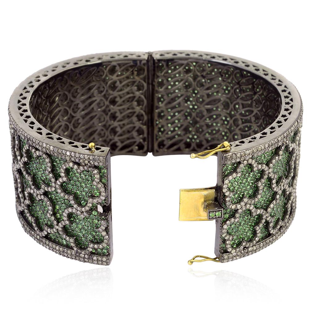 Mixed Cut Diamond Flower Tiles On Tsavorite Pave Cuff Made In 18k Yellow Gold For Sale
