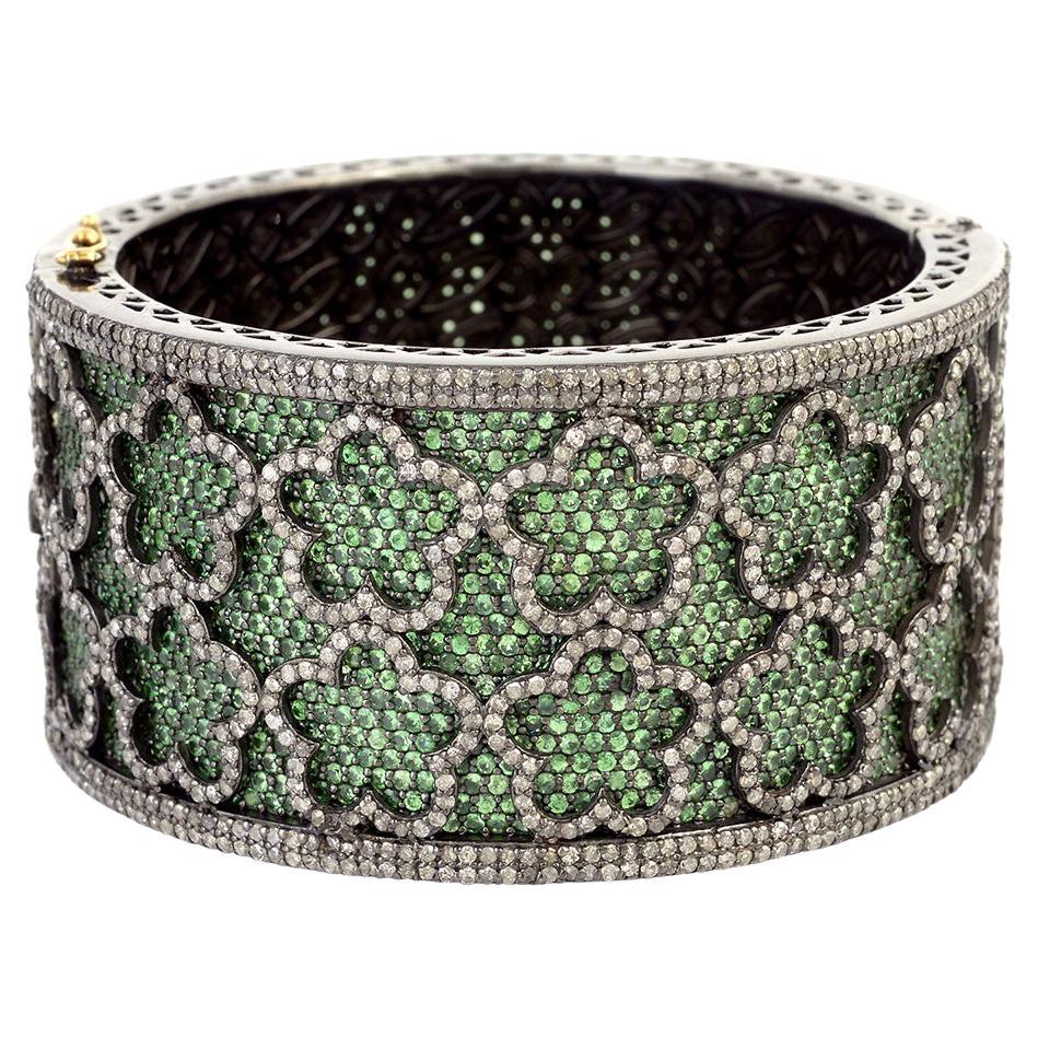 Diamond Flower Tiles On Tsavorite Pave Cuff Made In 18k Yellow Gold For Sale
