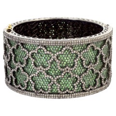 Diamond Flower Tiles On Tsavorite Pave Cuff Made In 18k Yellow Gold