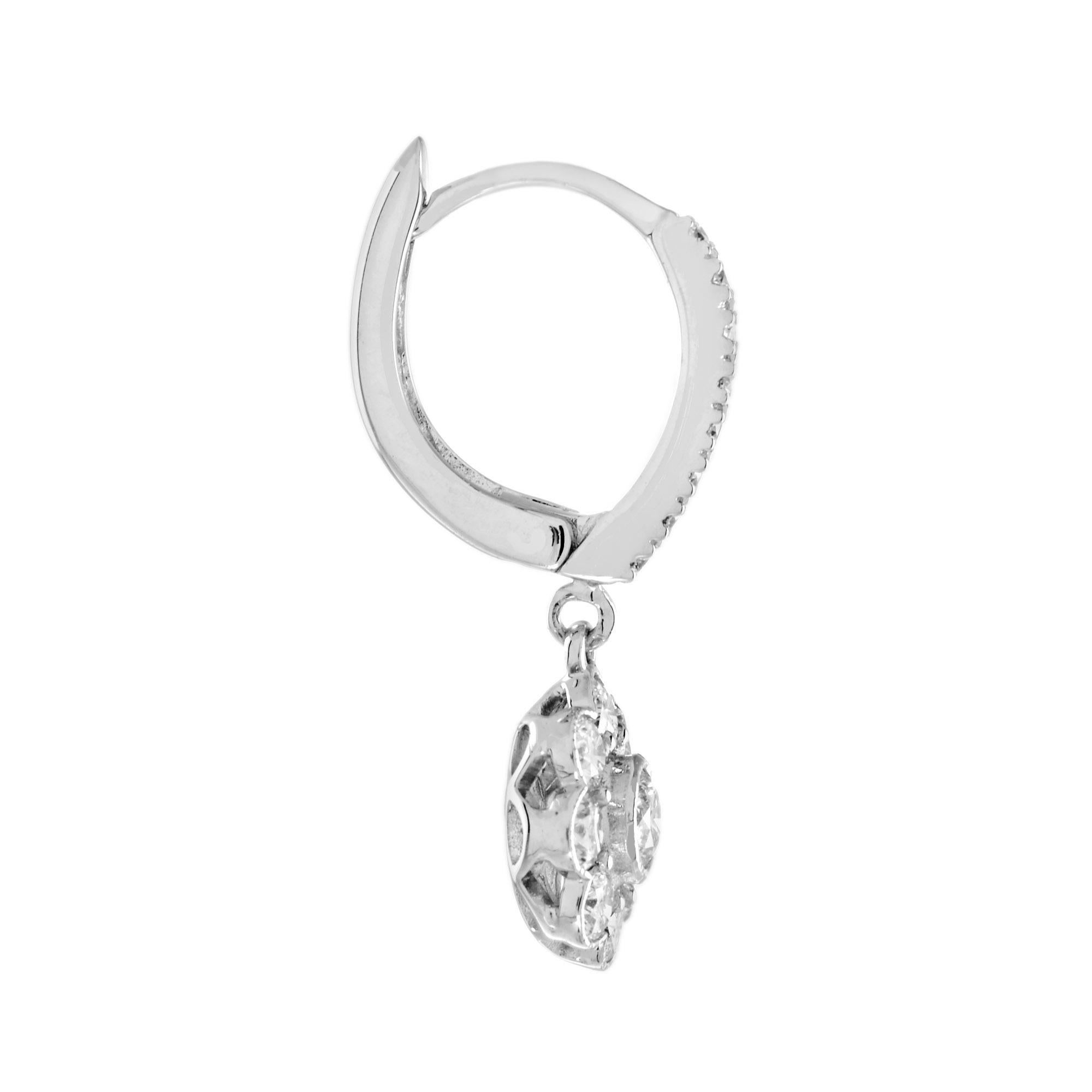 Edwardian Diamond Flower Vintage Style Drop Earrings in 18K White Gold For Sale