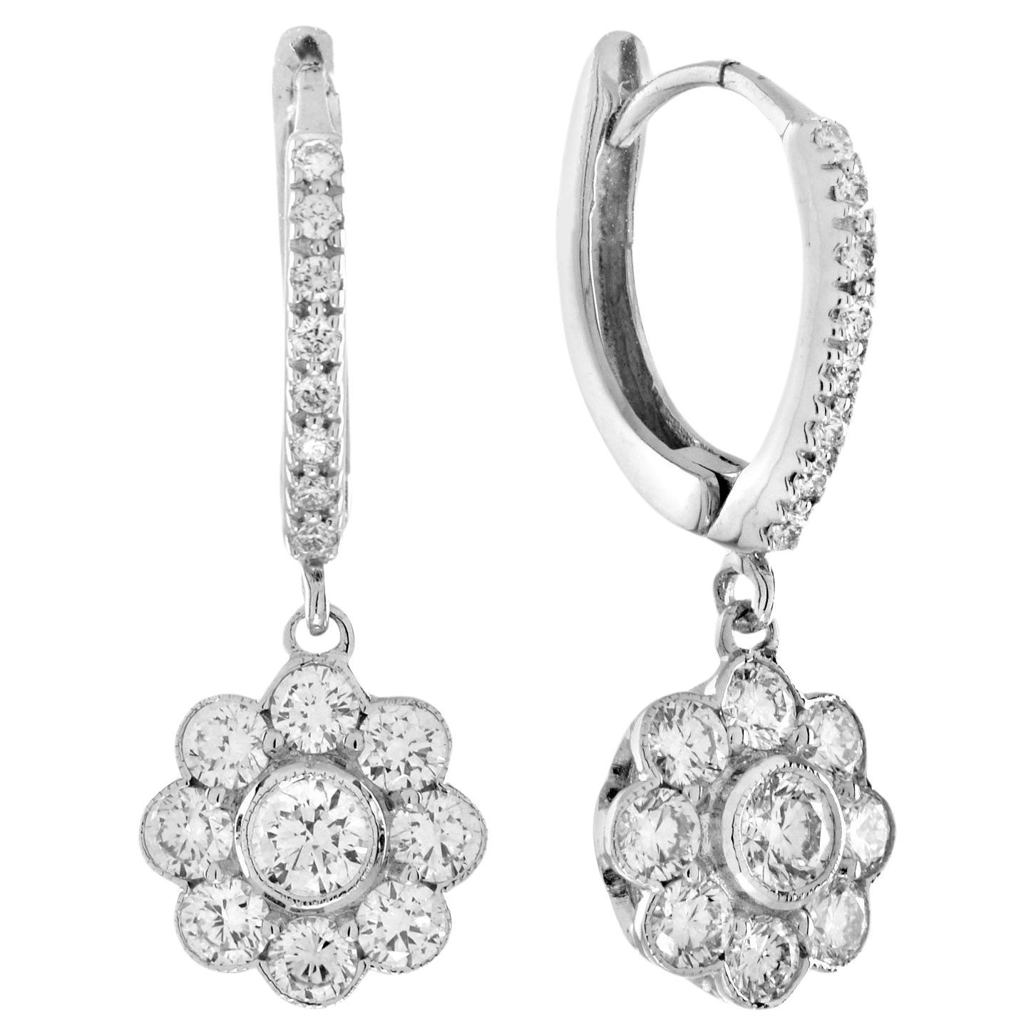 Diamond Flower Vintage Style Drop Earrings in 18K White Gold For Sale