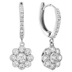 Diamond Flower Vintage Style Drop Earrings in 18K White Gold