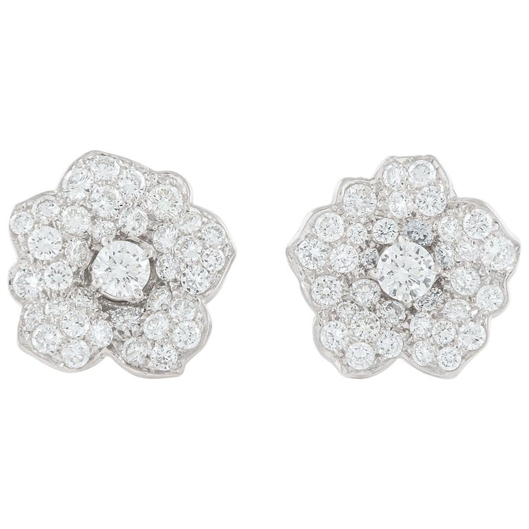 Diamond Flower Studs in White Gold