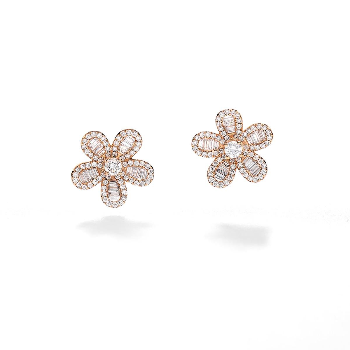Flower earrings in 18kt pink gold with 132 diamonds 0.71 cts and 40 baguette cut diamonds 0.51 cts       