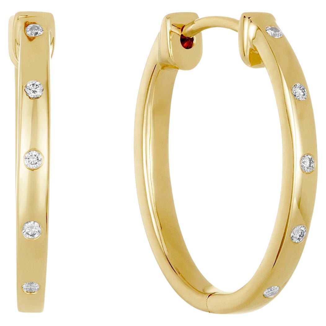 Diamond Flush Set Oval Hoop Earrings in 14k Solid White Gold For Sale at 1stDibs
