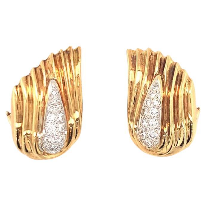 Boucles d'oreilles cannelées en or jaune 18 carats avec diamants, années 1960