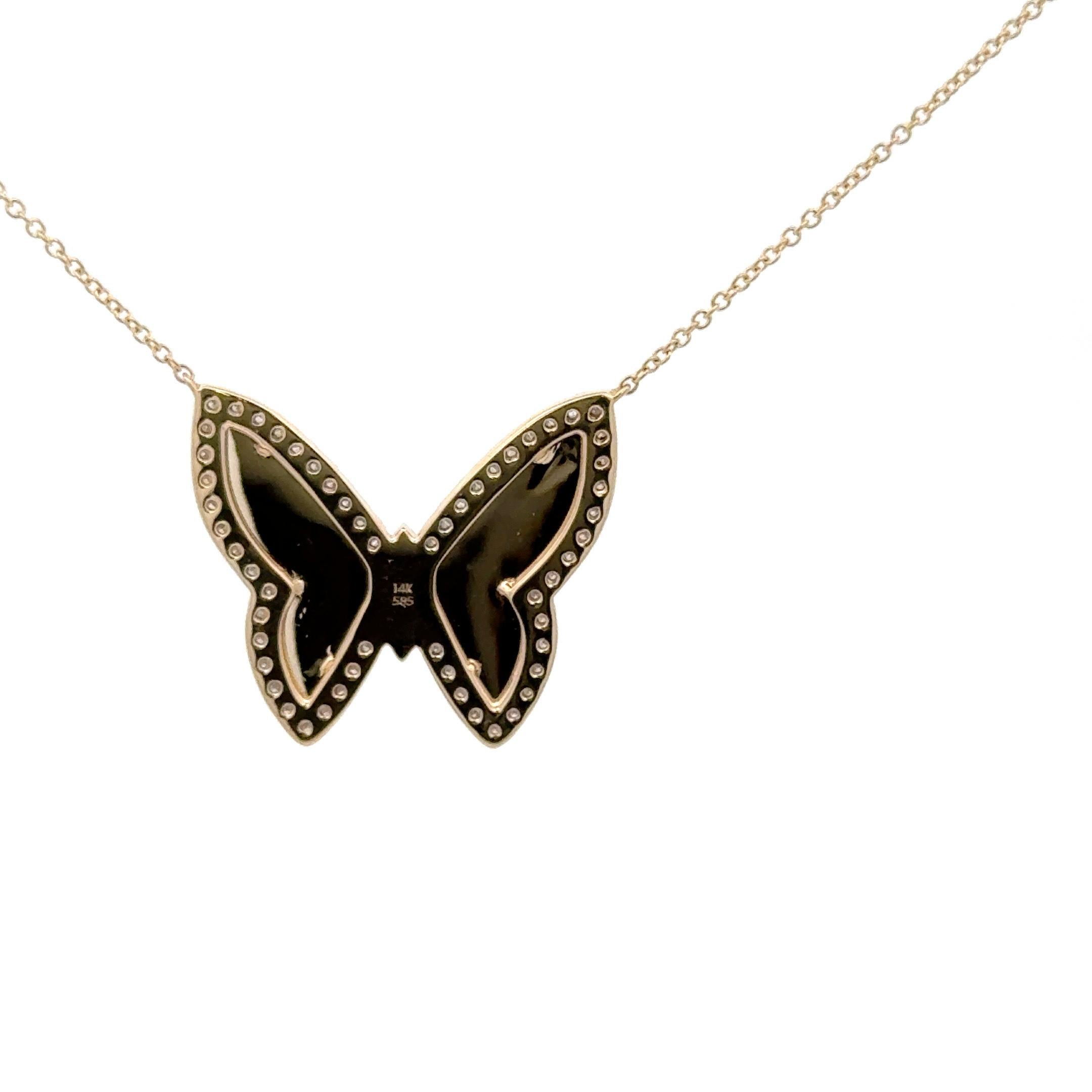 Diamond Fluted Butterfly Pendant Necklace 0.56 Carats 14 Karat Yellow Gold For Sale 1