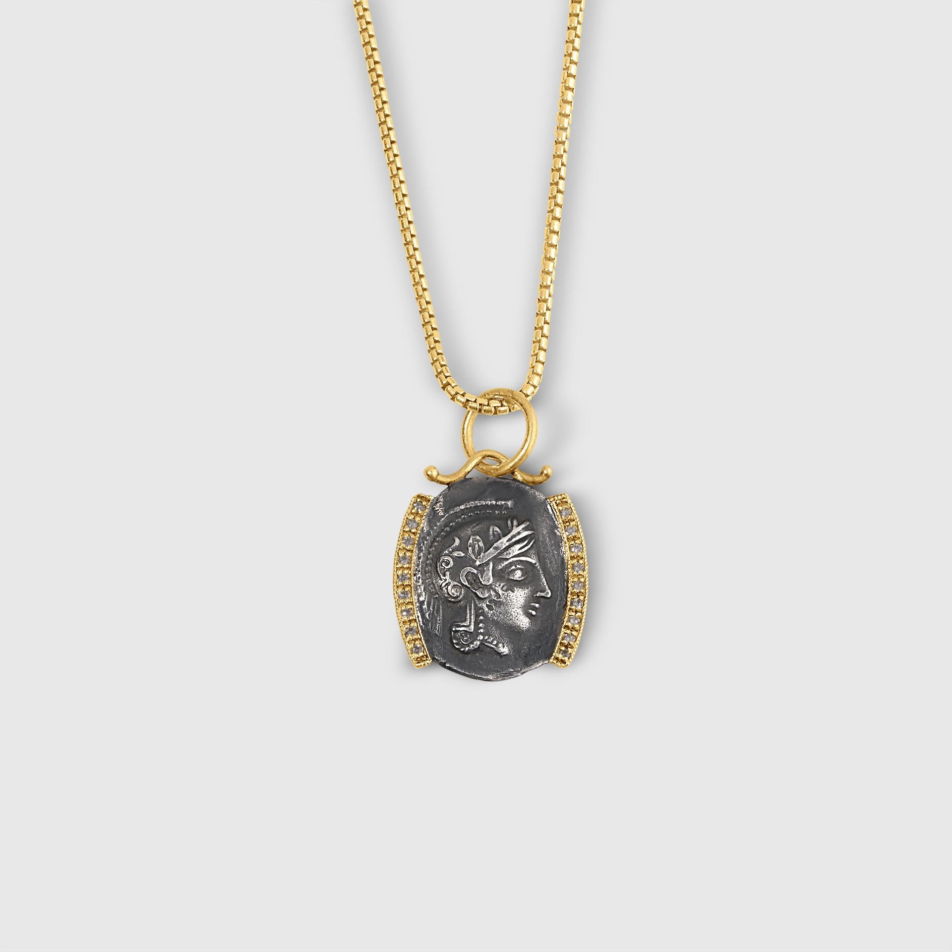 Round Cut Diamond Framed Coin Replica of Athena Goddess of Wisdom & War, 24k Gold Diamonds For Sale