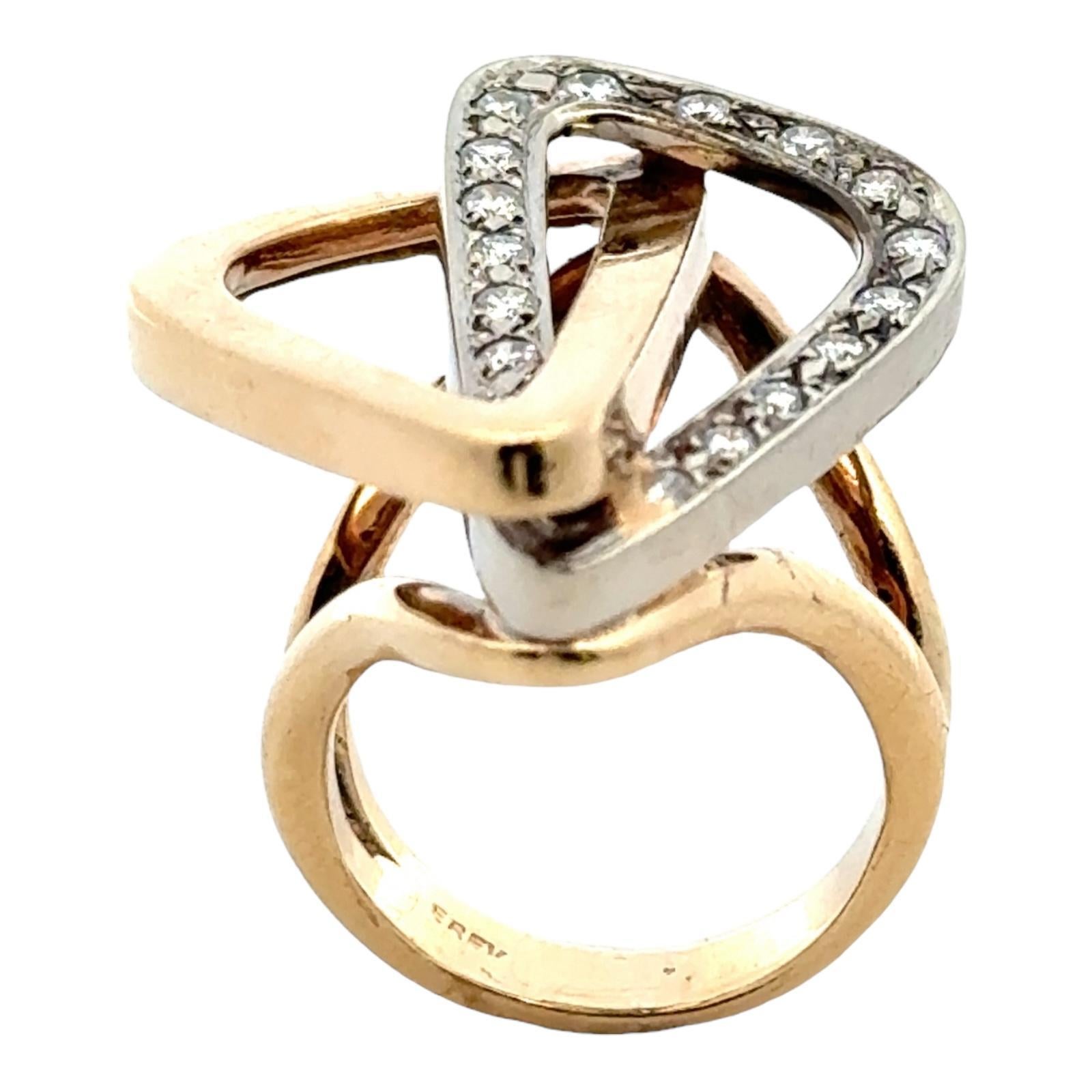 Diamond Free Form 14 Karat Yellow & White Gold Contemporary Ring In Excellent Condition For Sale In Boca Raton, FL