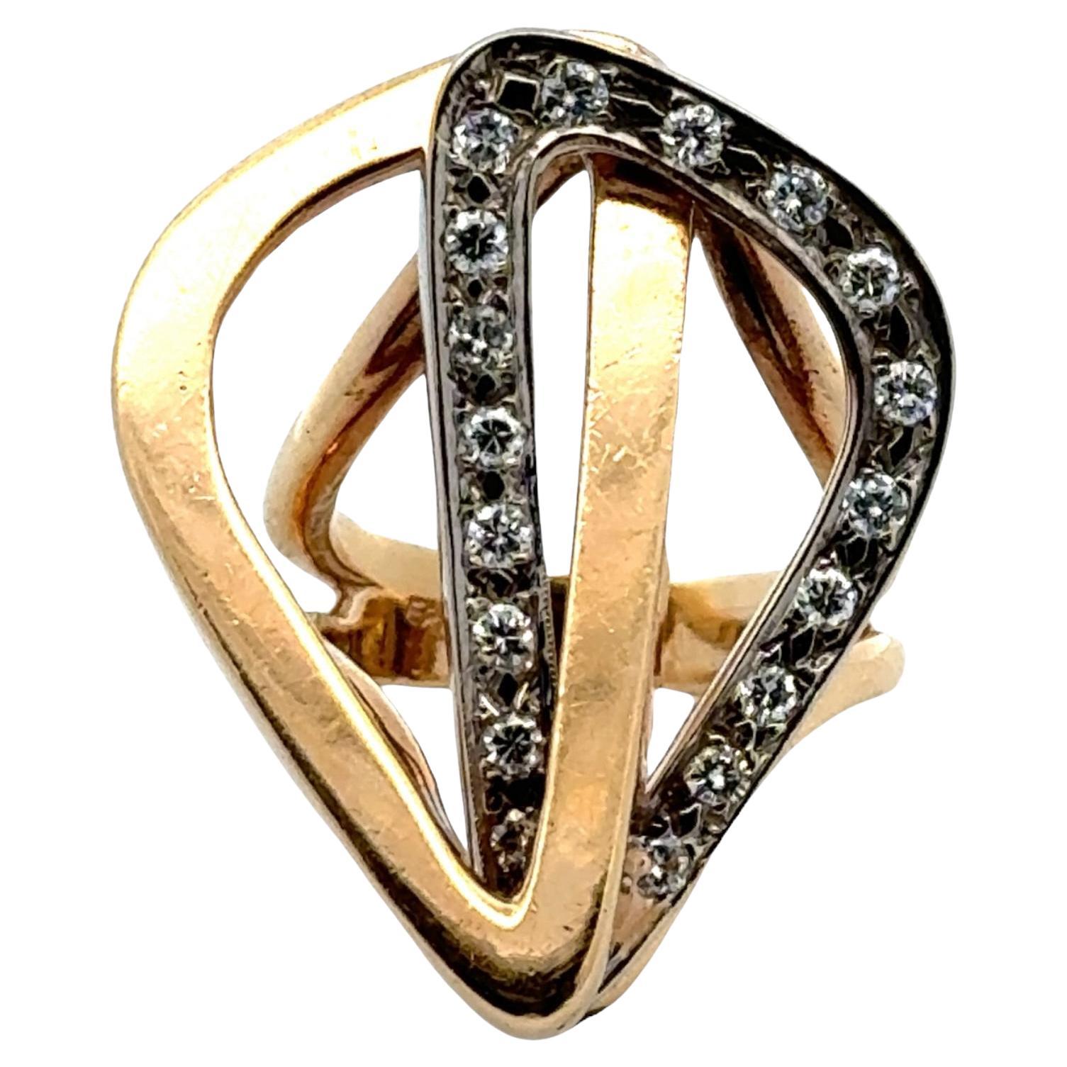 Diamond Free Form 14 Karat Yellow & White Gold Contemporary Ring For Sale