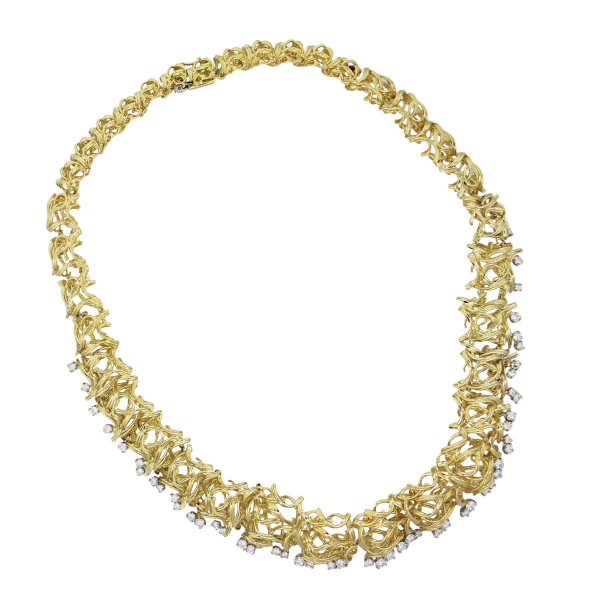 Material: 18k yellow gold
Diamond Details: Approximately 3ctw of round brilliant diamonds. Diamonds are G/H in color and VS in clarity
Necklace Measurements: 18″
Fastening: Double tongue box clasp with safety latch
Item Weight: 129.5g
