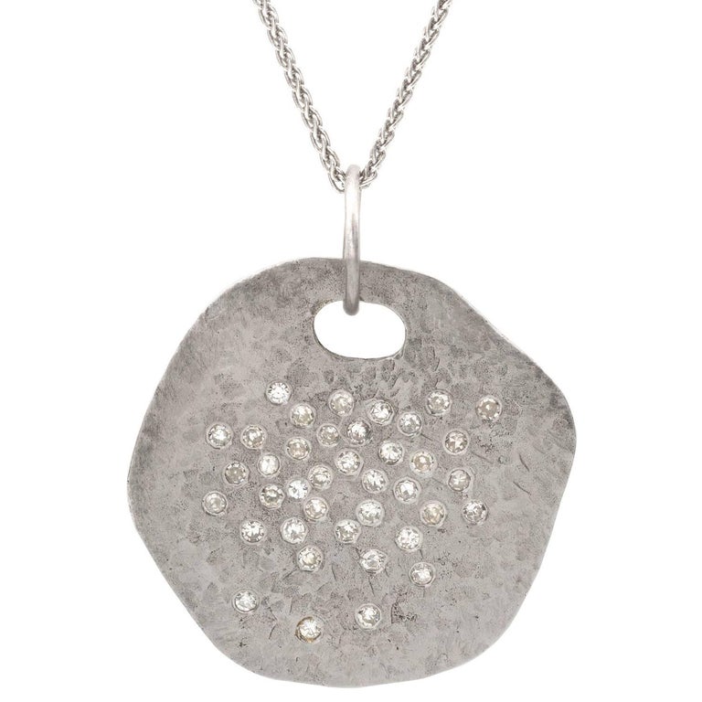 Diamond Freeform White Gold Disc Pendant Necklace For Sale at 1stdibs