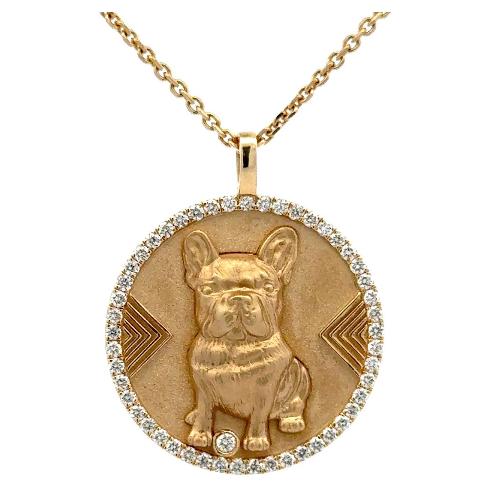 Ciondolo a disco con diamante French Bulldog 0,50 carati in oro giallo 14 carati 5 grammi