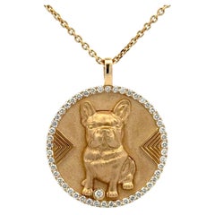 Diamond French Bulldog Disc Pendant 0.50 Carats 14 Karat Yellow Gold 5 Grams