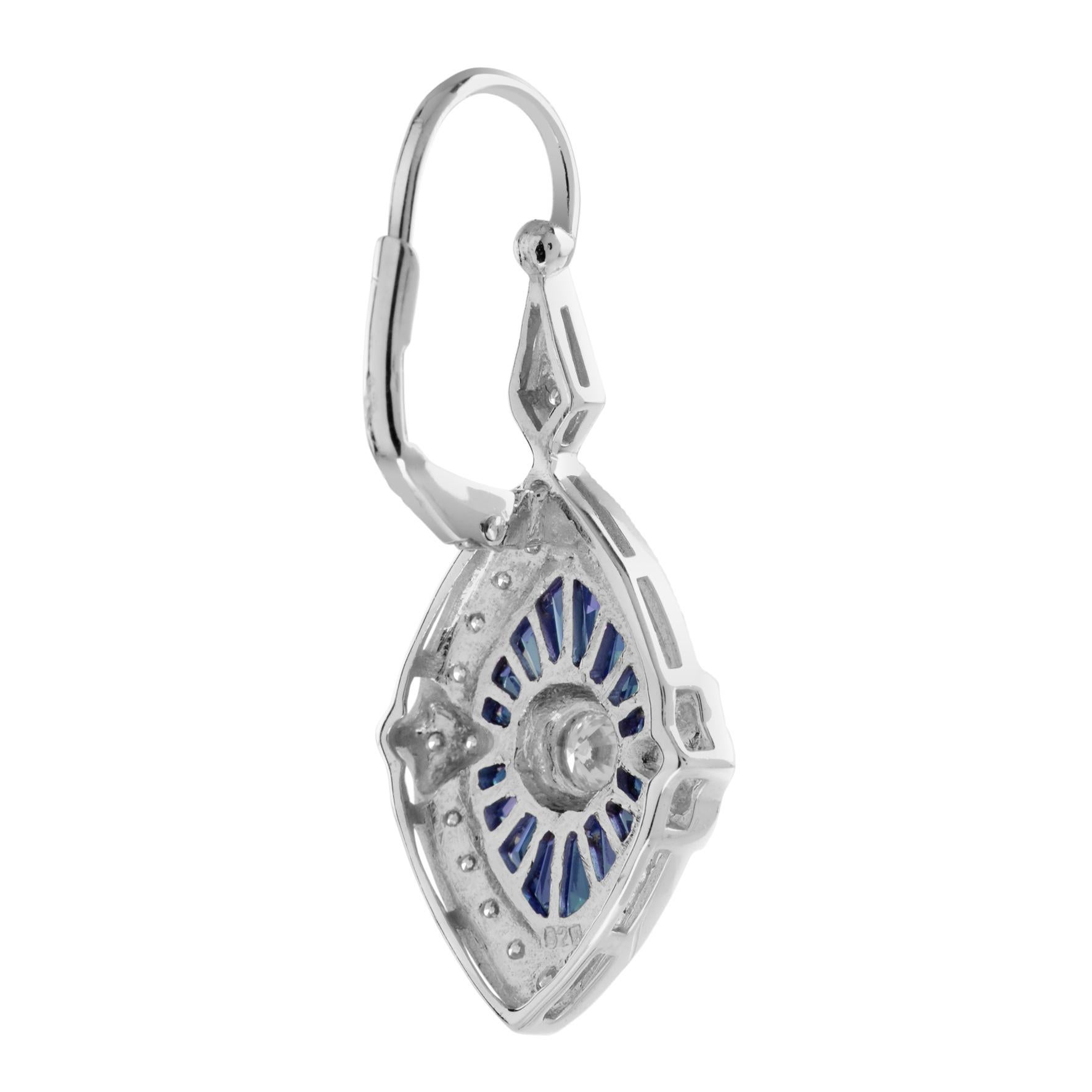 Art Déco Diamond & French Cut Blue Sapphire Art Deco Inspired Drop White Gold Earrings in vendita