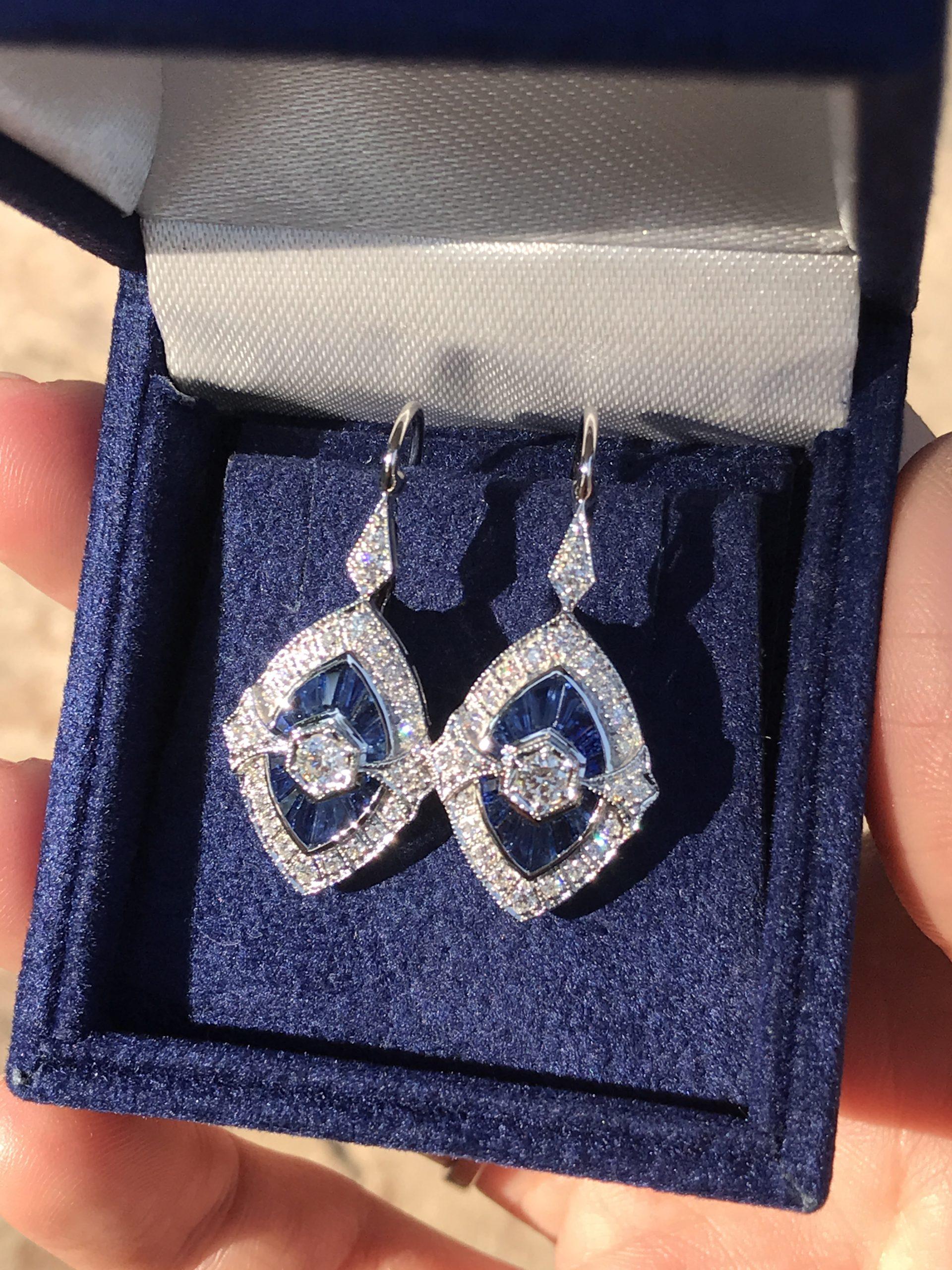 Diamond & French Cut Blue Sapphire Art Deco Inspired Drop White Gold Earrings In condizioni Nuovo in vendita a Oakton, VA