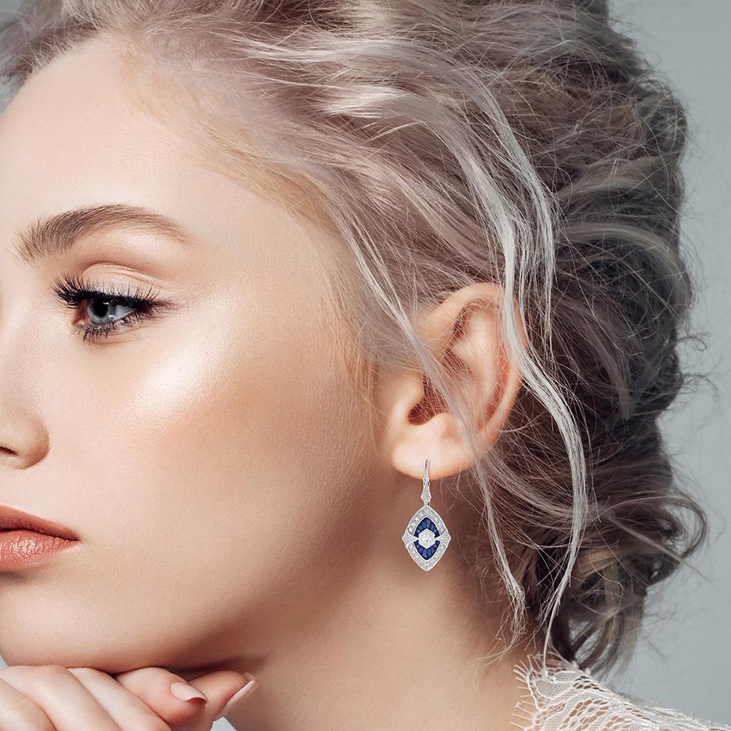 Donna Diamond & French Cut Blue Sapphire Art Deco Inspired Drop White Gold Earrings in vendita