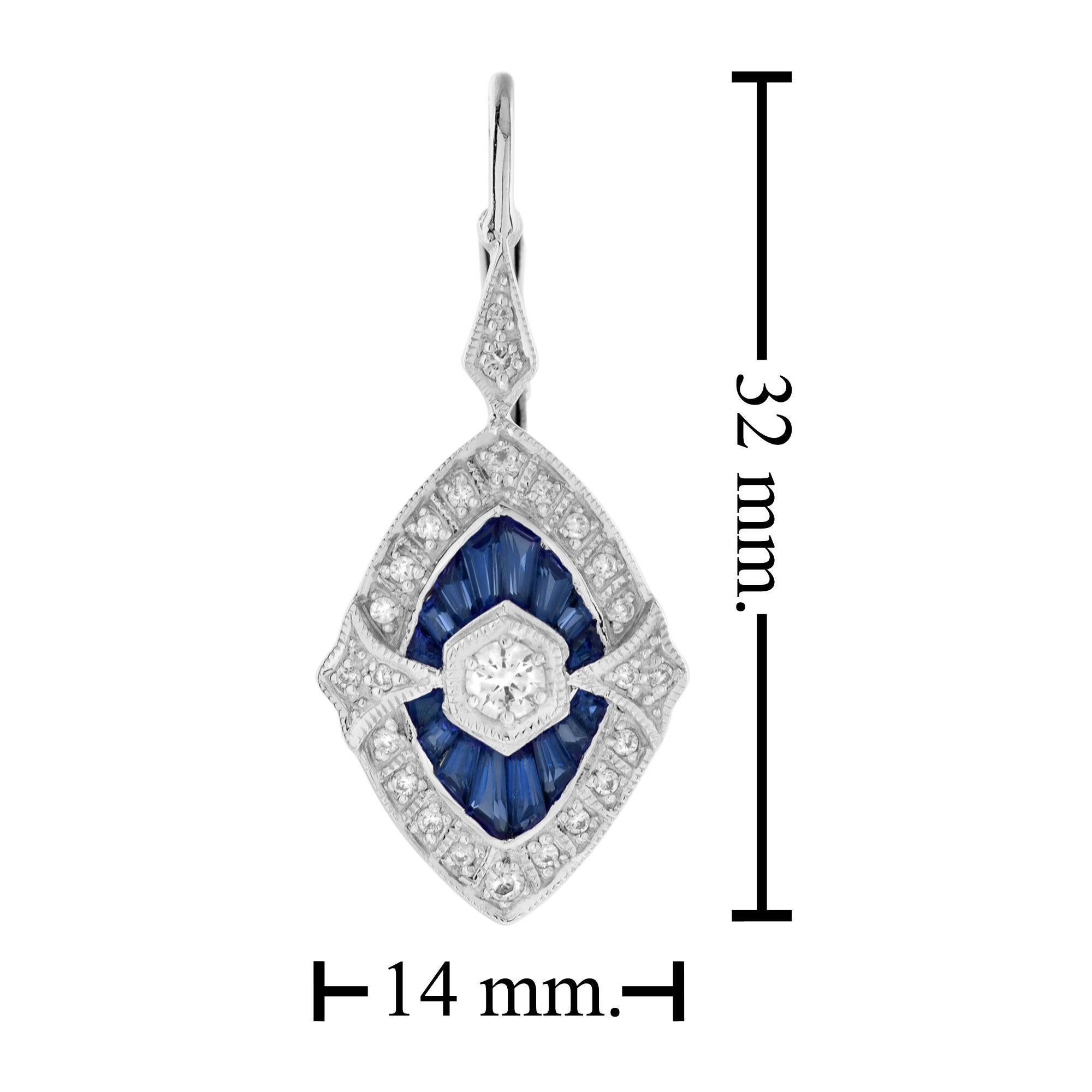 Diamond & French Cut Blue Sapphire Art Deco Inspired Drop White Gold Earrings in vendita 1