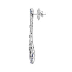 Diamond & French Cut Blue Sapphire Art Deco Style 14K White Gold Dangle Earrings
