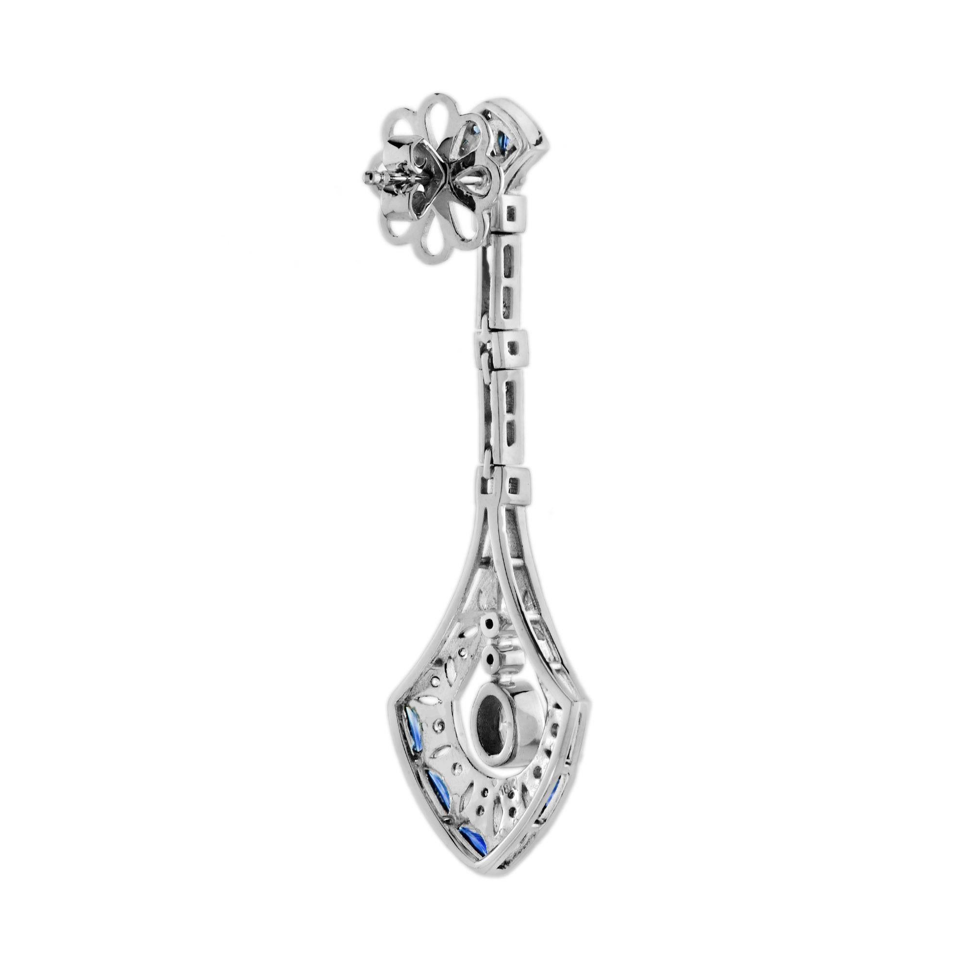 Oval Cut Diamond & French Cut Blue Sapphire Art Deco Style 14K White Gold Dangle Earrings For Sale