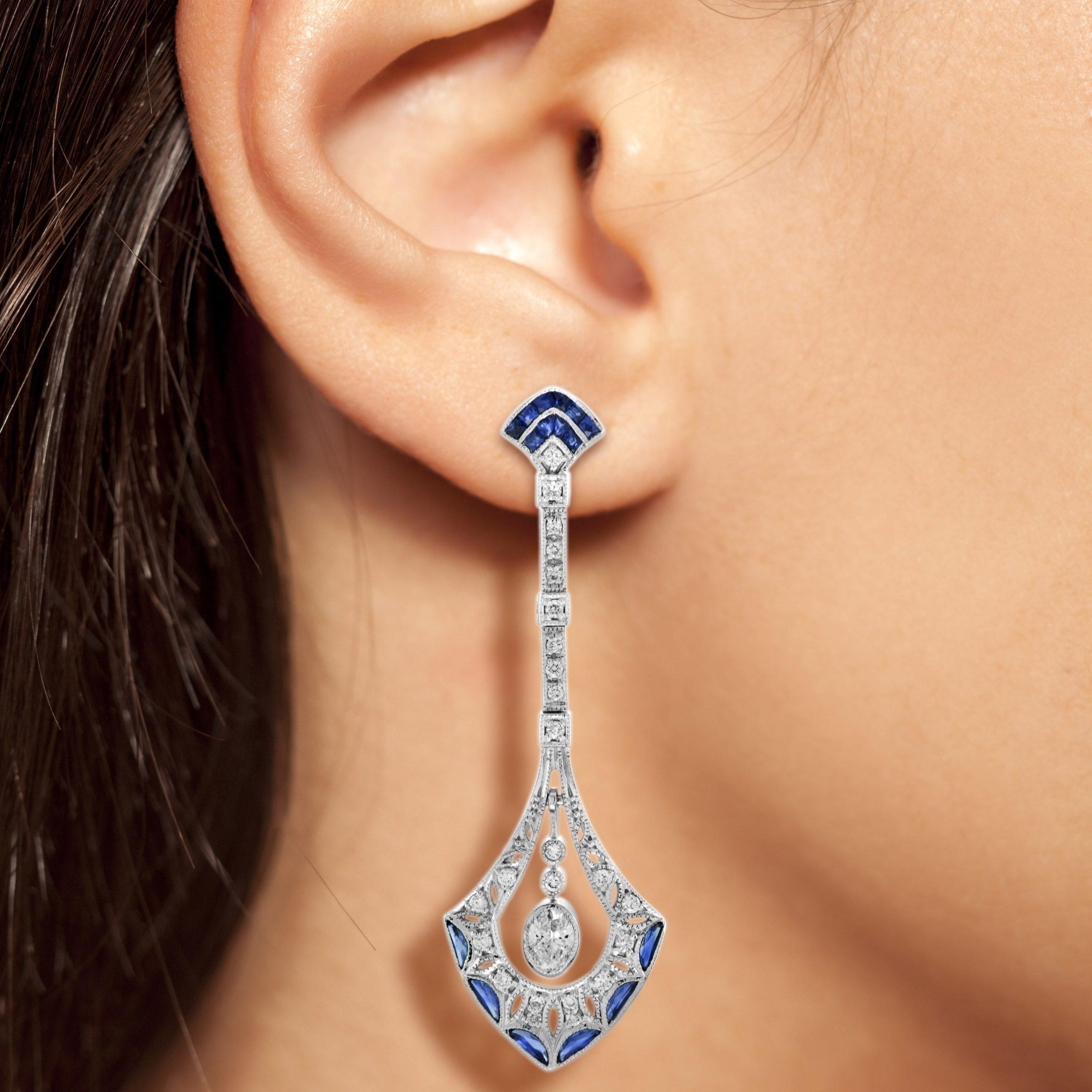 Women's Diamond & French Cut Blue Sapphire Art Deco Style 14K White Gold Dangle Earrings For Sale