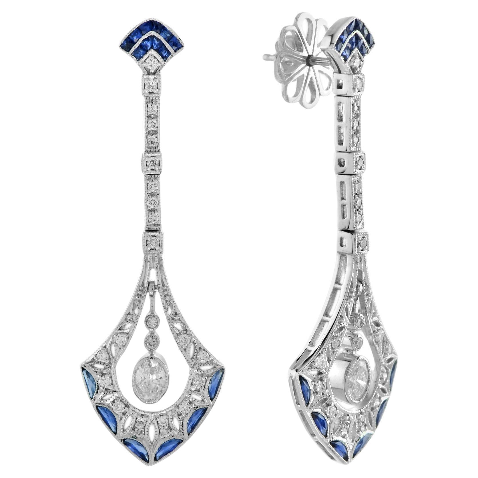 Diamond & French Cut Blue Sapphire Art Deco Style 14K White Gold Dangle Earrings For Sale
