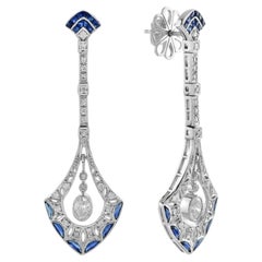 Diamond & French Cut Blue Sapphire Art Deco Style 14K White Gold Dangle Earrings
