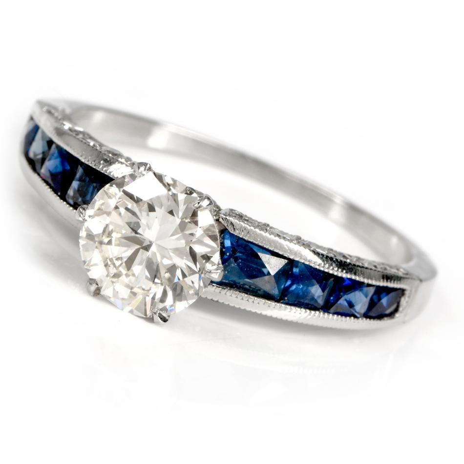 Art Deco Diamond French Cut Blue Sapphire Platinum Engagement Ring