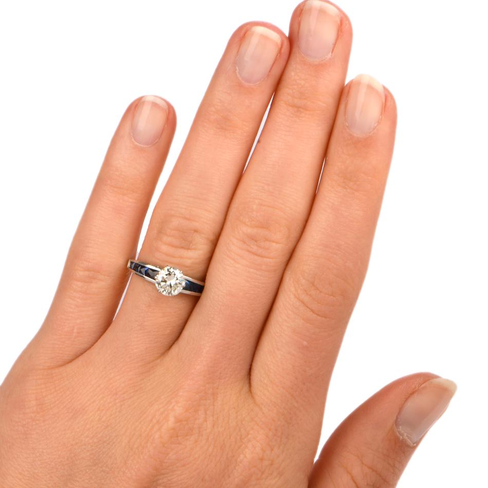 Women's or Men's Diamond French Cut Blue Sapphire Platinum Engagement Ring