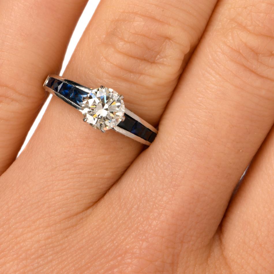 Diamond French Cut Blue Sapphire Platinum Engagement Ring 1