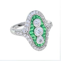 Diamond French Cut Emerald Art Deco Style Three Stone Ring in 18K White Gold