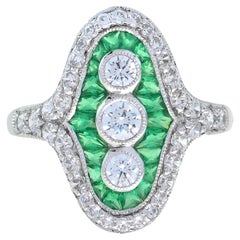 Diamond French Cut Emerald Art Deco Style Three Stone Ring in 18K White Gold