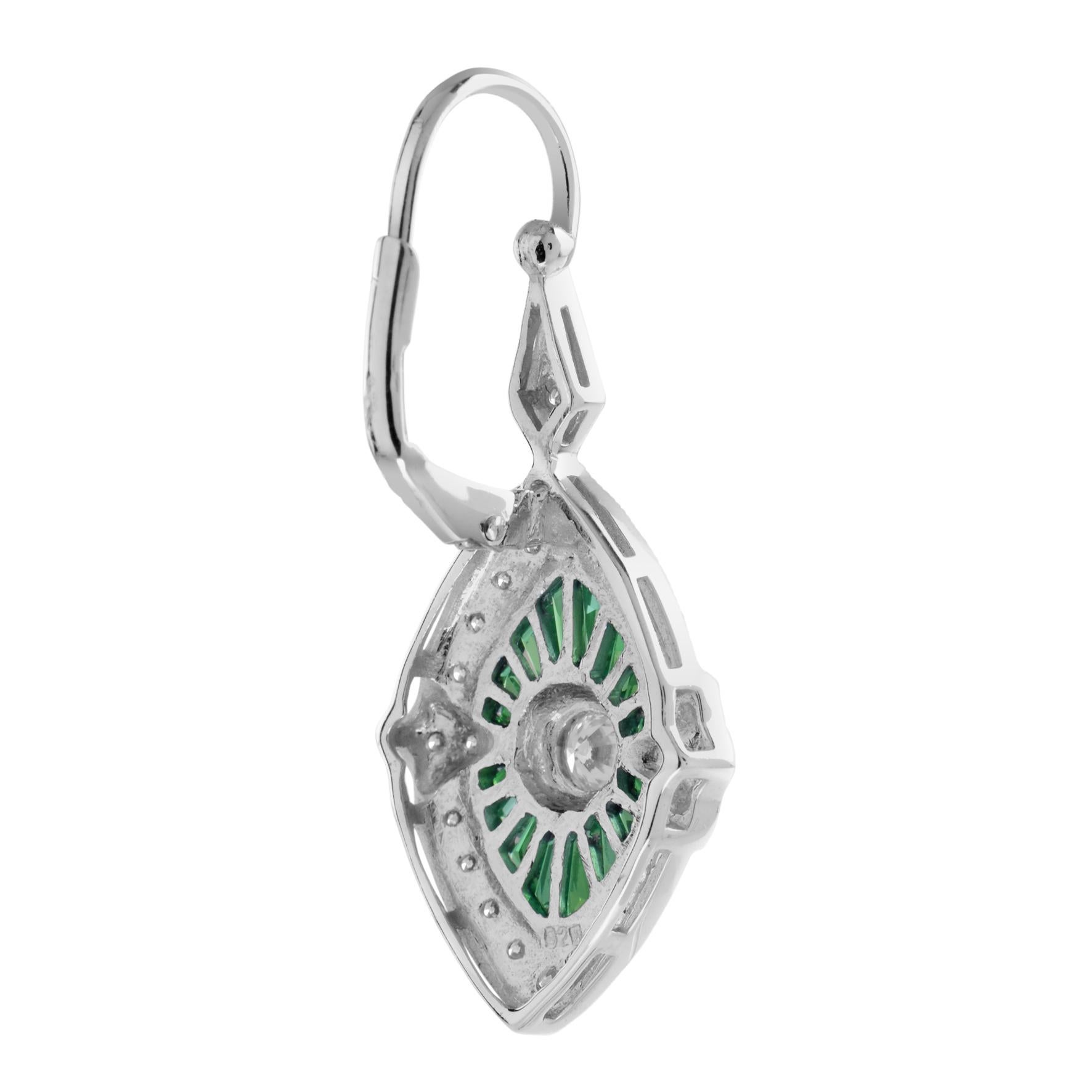 Art Deco Diamond French Cut Green Emerald Accent Marquise Shape Drop White Gold Earrings For Sale