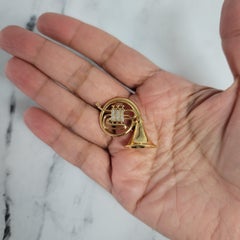 Diamond French Horn Brooch 14k Yellow Gold
