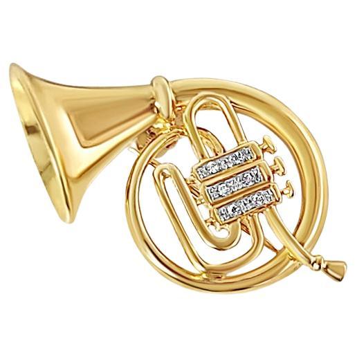 Diamond French Horn Brooch 14k Yellow Gold For Sale