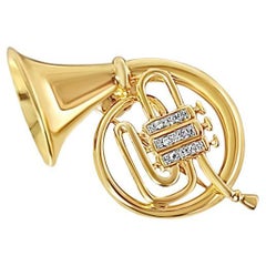 Diamond French Horn Brooch 14k Yellow Gold