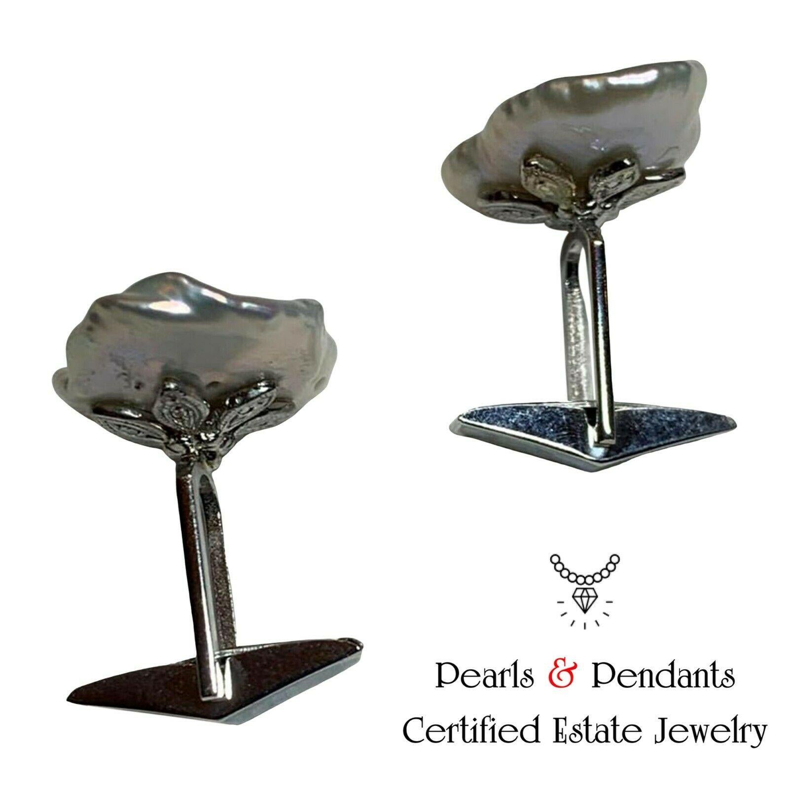 Round Cut Diamond Fresh Water Pearl Cufflinks 14k G 0.45 TCW Designer Certified For Sale