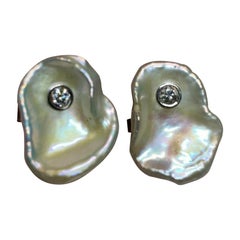 Diamond Fresh Water Pearl Cufflinks 22.27 mm 14k G 0.45 TCW Designer Certified
