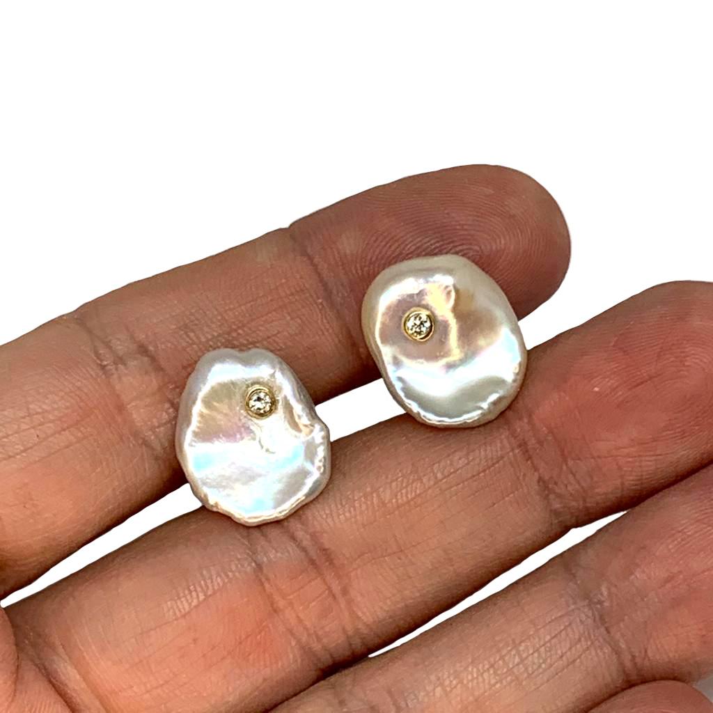 Modern Diamond Fresh Water Pearl Cufflinks 14k Gold Designer Certified For Sale