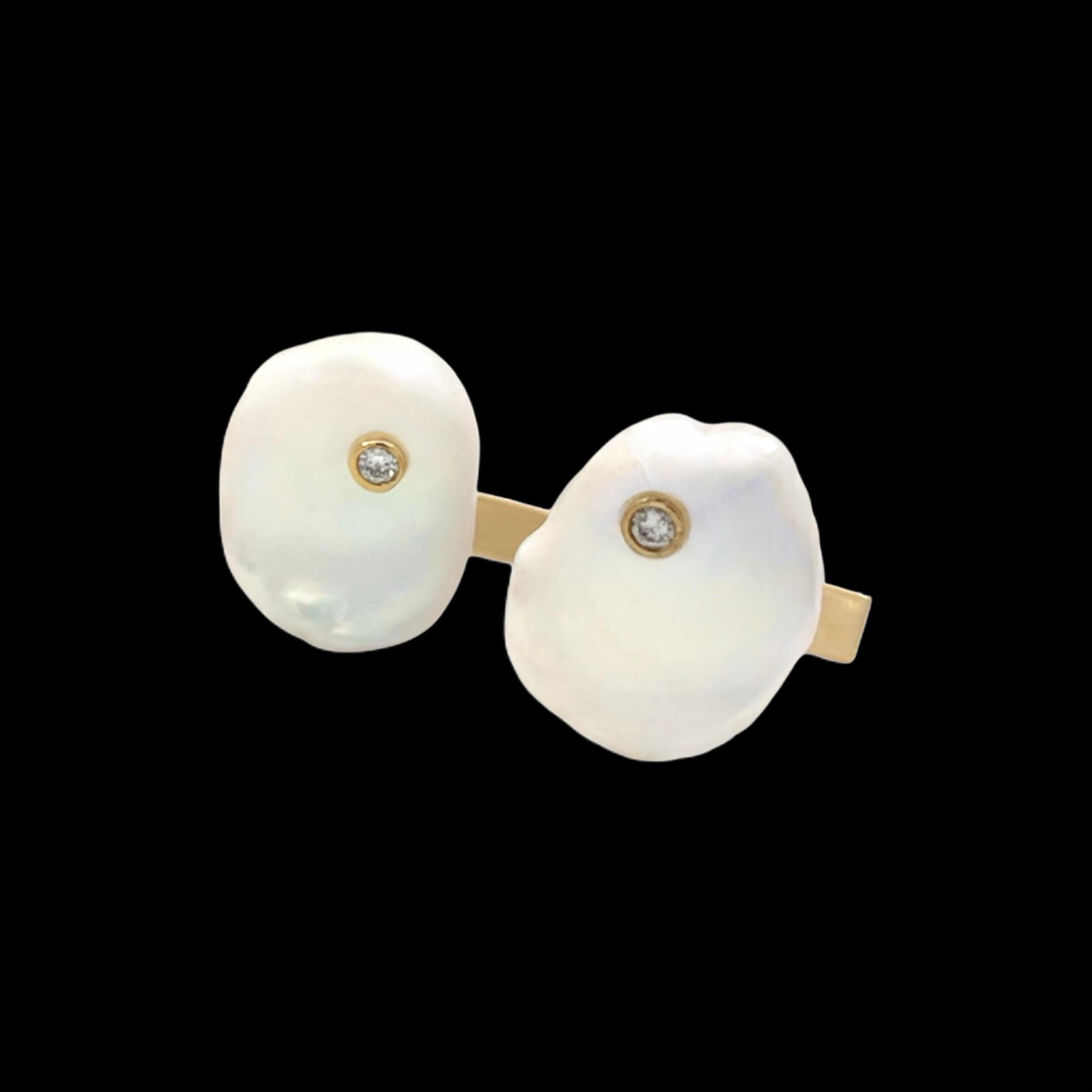 Modern Diamond Fresh Water Pearl Cufflinks 14k Gold Designer Certified For Sale