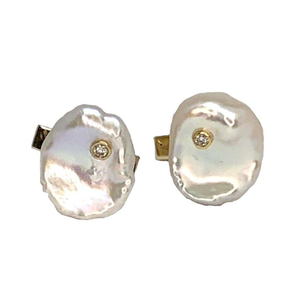 Diamond Fresh Water Pearl Cufflinks 14k Gold Designer Certified In New Condition For Sale In Brooklyn, NY