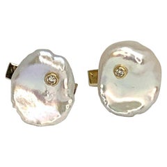 Boutons de manchette en or 14 carats avec diamants et perles d'eau douce de 18,2 mm, certifiés par le designer