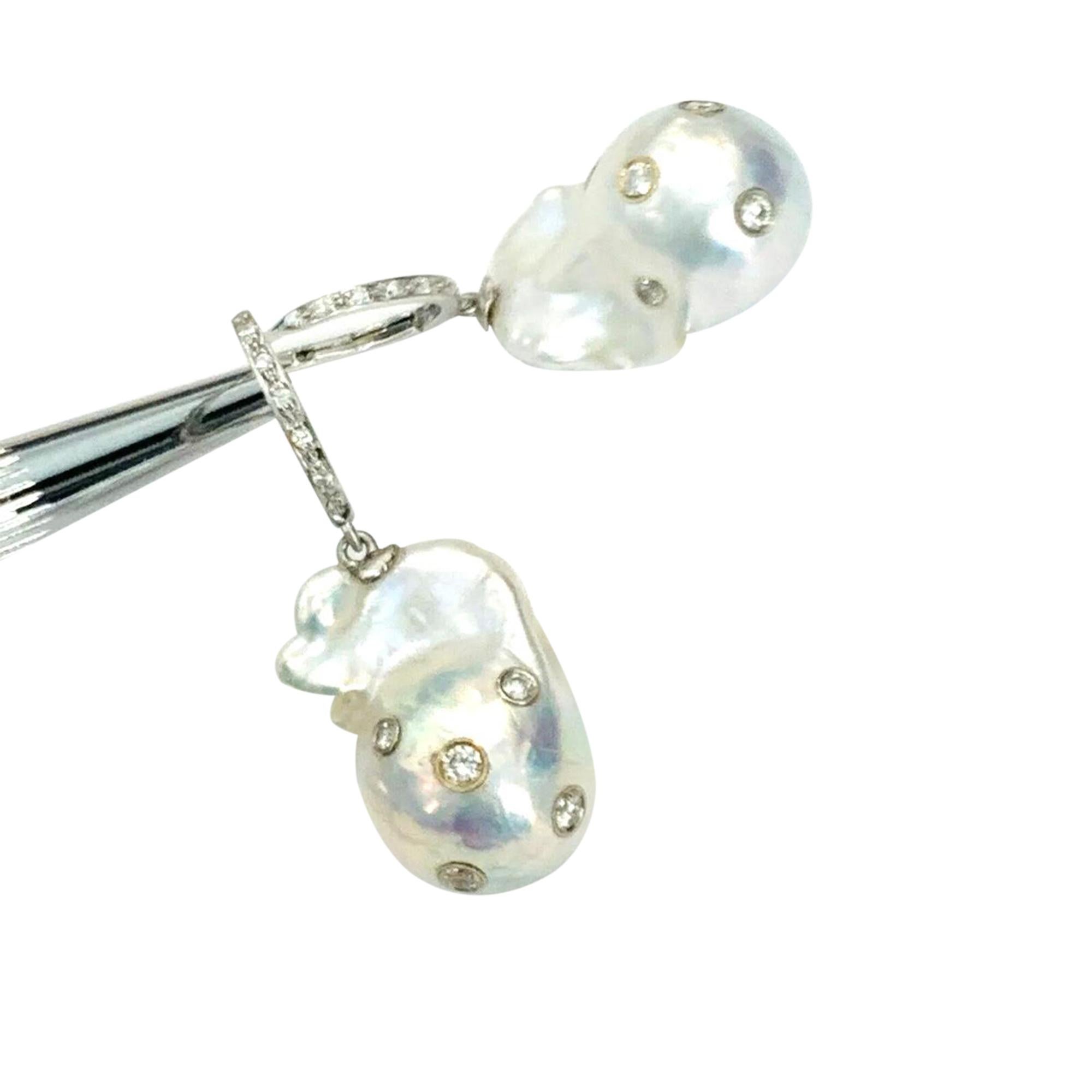 Uncut Diamond Fresh Water Pearl Earrings 14k Gold Large Certified For Sale