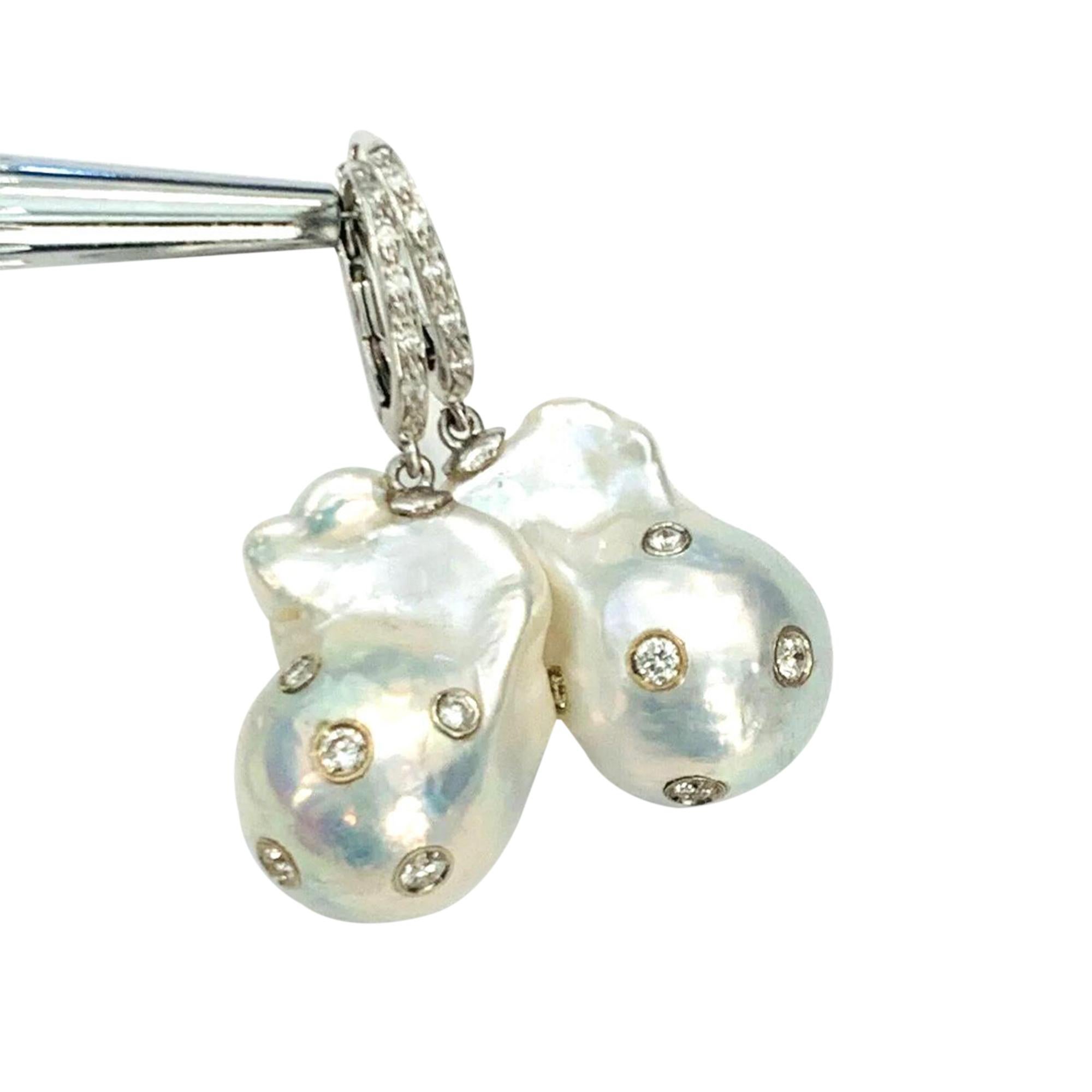 Diamond Fresh Water Pearl Earrings 14k Gold Large Certified For Sale 1
