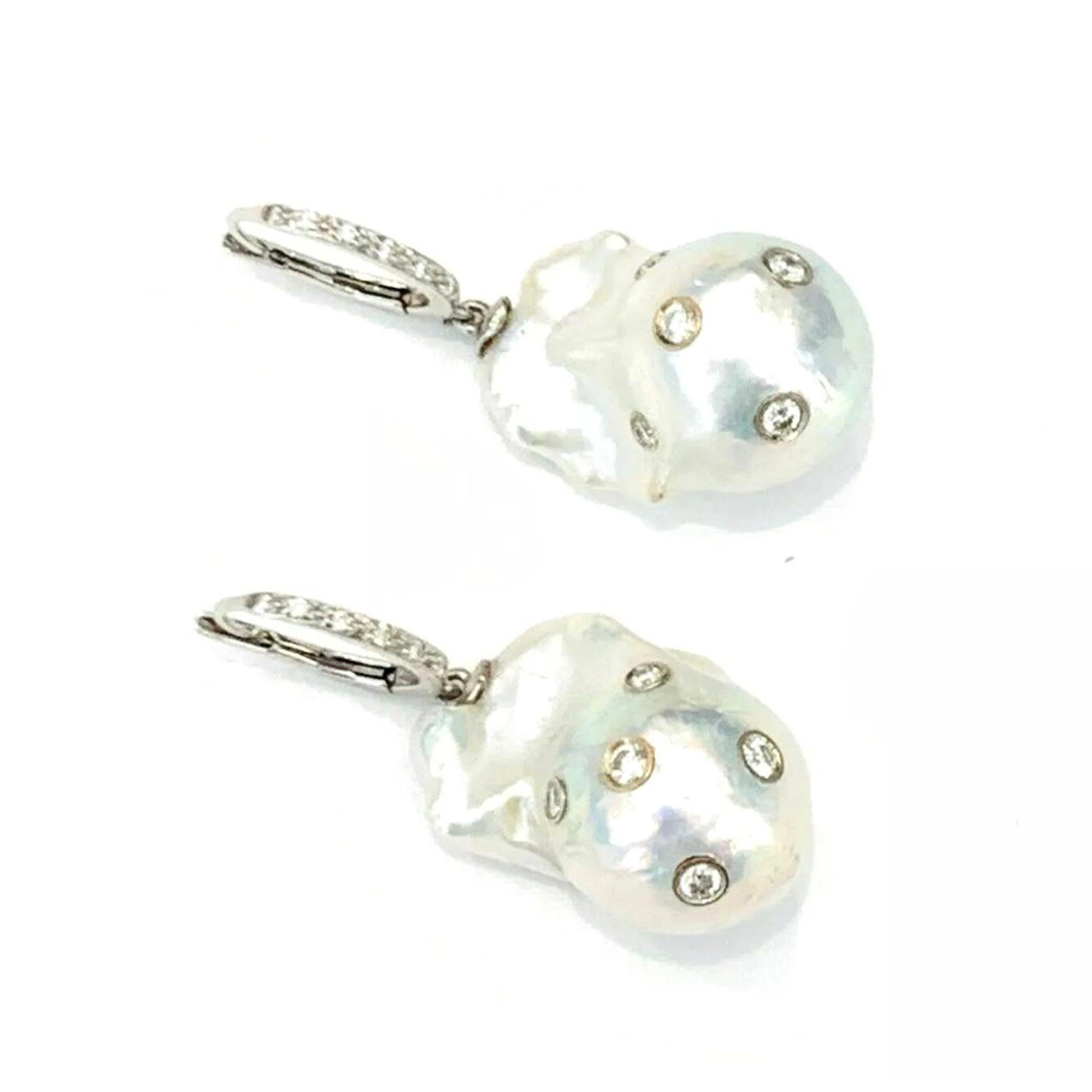 Diamond Fresh Water Pearl Earrings 14k Gold Large Certified In New Condition For Sale In Brooklyn, NY