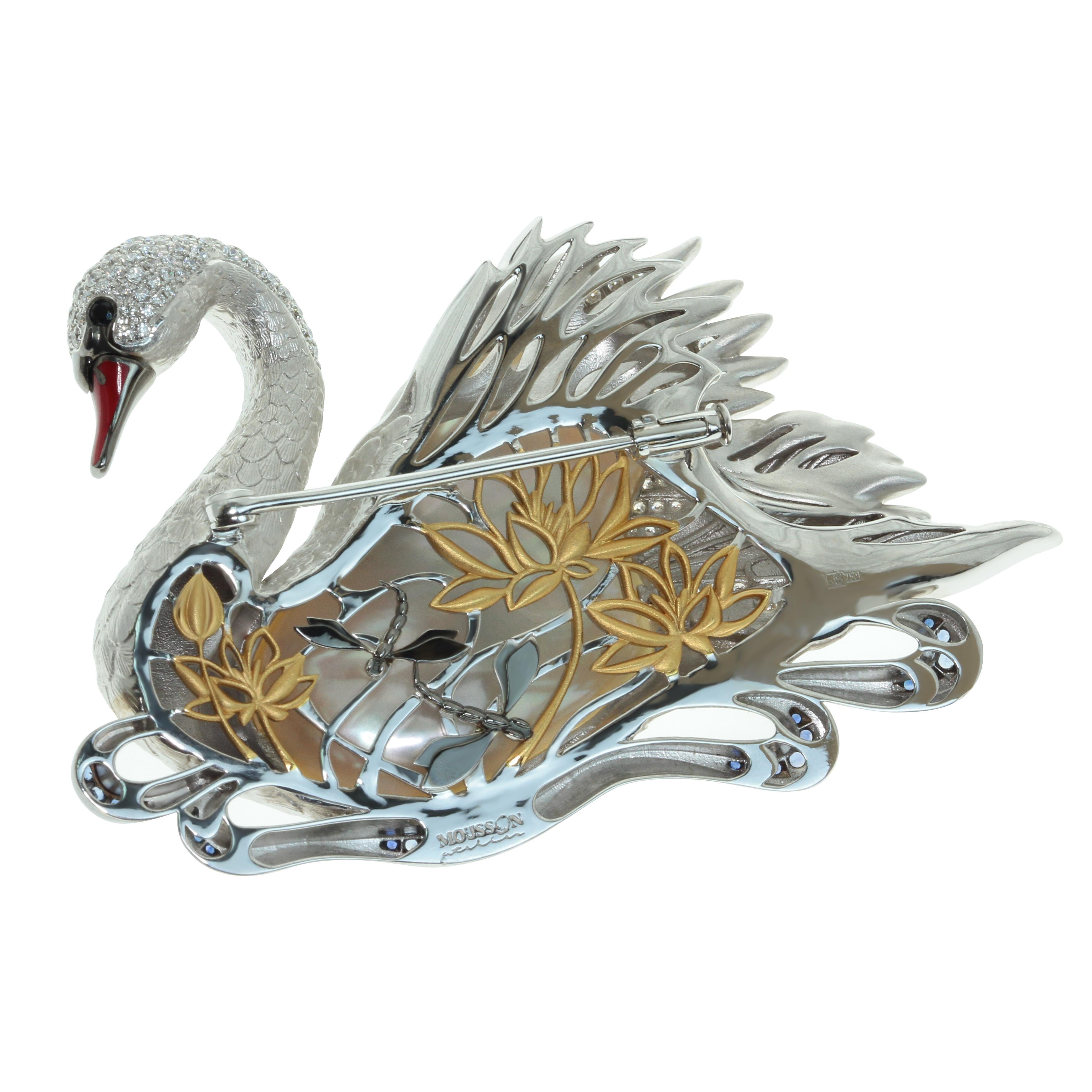 Diamond Freshwater Pearl 18 Karat White Gold Swan Brooch

Mousson Atelier demonstrates how the Pearl and stones can work together to create exceptional piece of art. In the the center stone of this brooch is a beautiful Baroque Pearl. It is enhanced