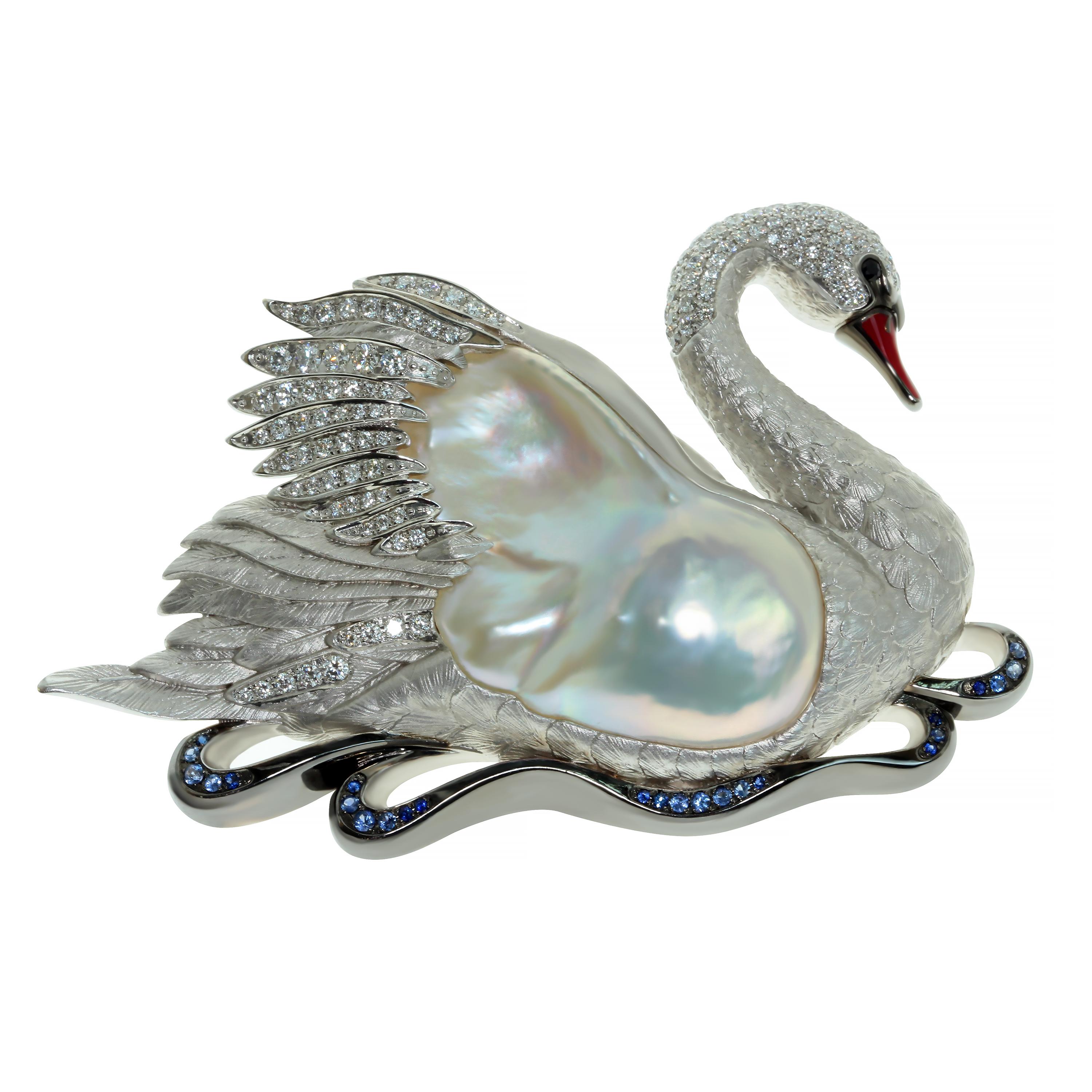 Diamond Freshwater Pearl 18 Karat White Gold Swan Brooch For Sale